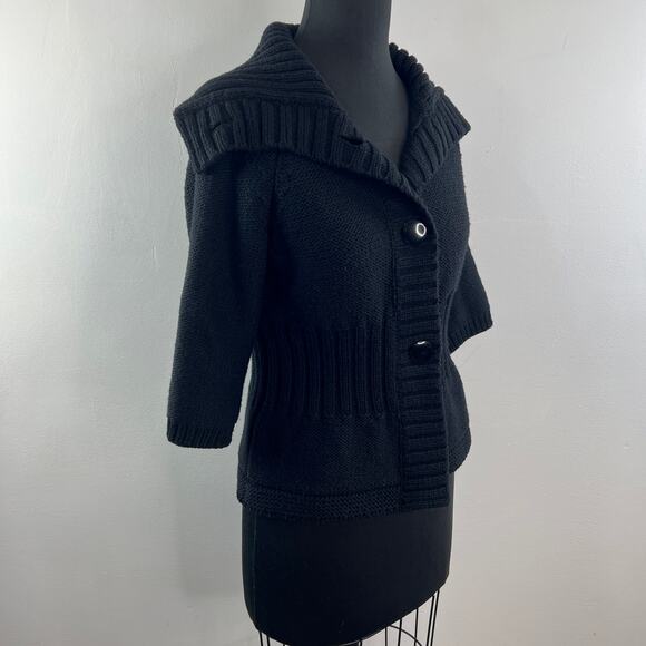St. John Black Cardigan Sweater Wool Chunky Knit Shawl Collar 3/4 Raglan Sleeve - Picture 2 of 6